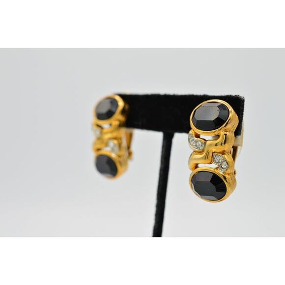 Les Bernard Vintage Clip On Earrings Black Crystal Gold Signed NOS 1980s 9L - Picture 2 of 8